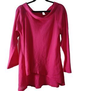 Takara 100% Linen Size Med Lagenlook Asymmetrical Fuchsia Tunic Blouse Top NEW